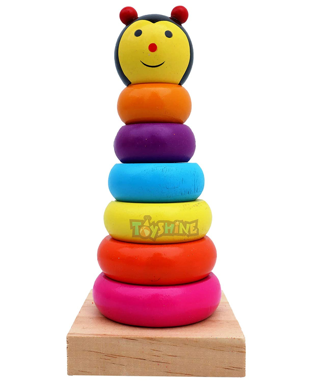Toyshine Wooden Toy Stacker with Multiple Coloful Stacking Rings, Shapes Learning Educational Toy for 2 3 4 Year Kids, Teddy
