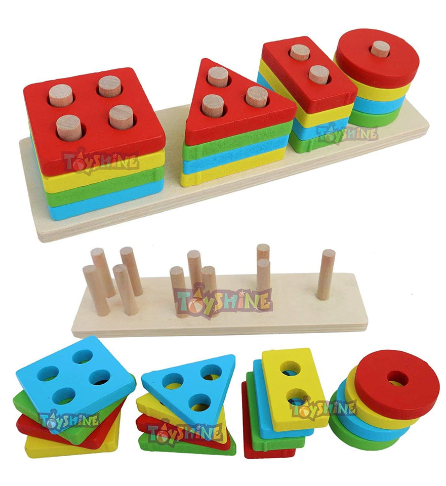 Toyshine Kids Wooden 4 Angle Geometric Blocks Building Stacker Shape Sorter Column Puzzle Stacking Toy Set