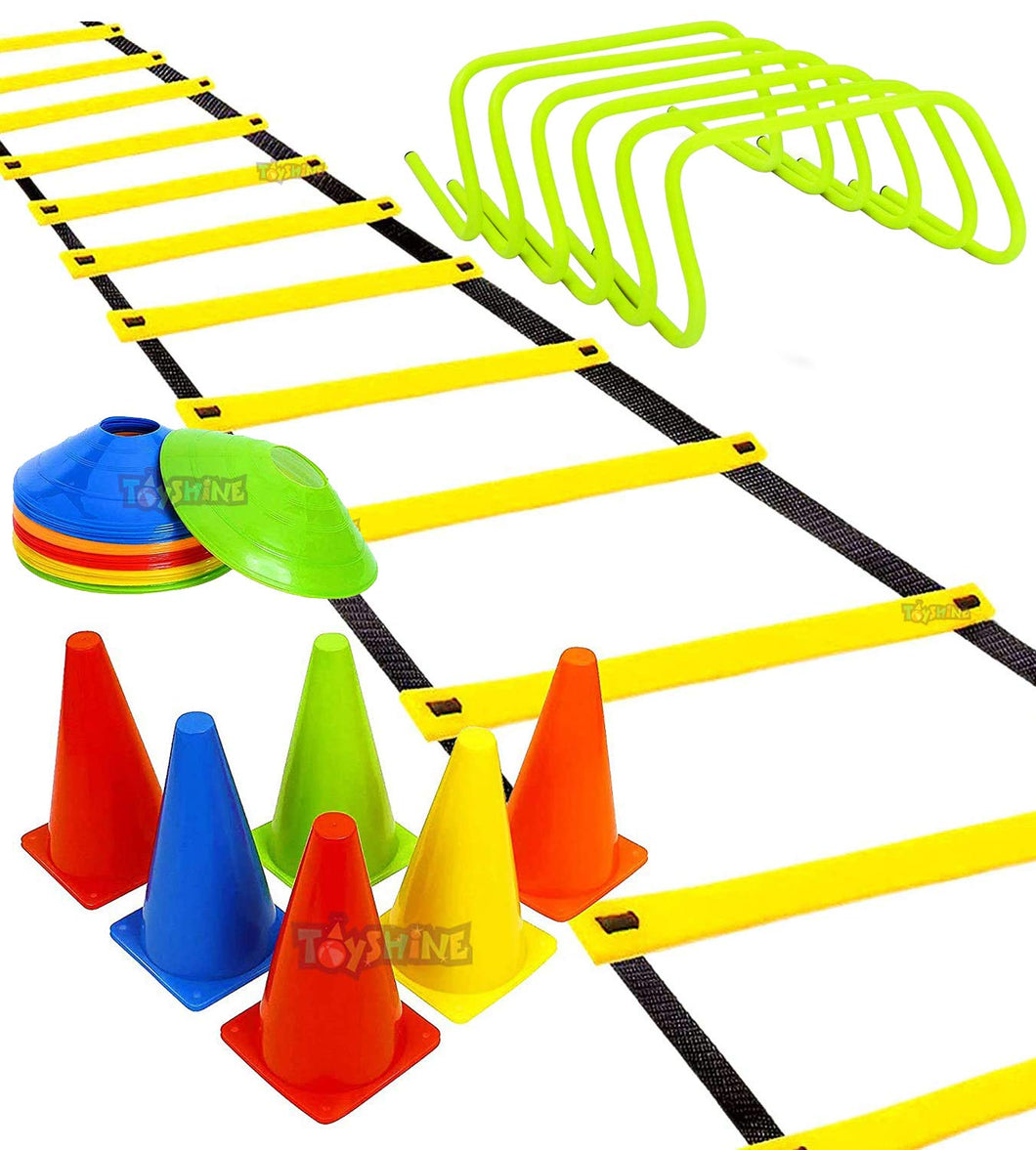 Toyshine Fitness Combo - 6 pc (12 inch) Hurdles, 6 pc 12 Inches Stacking Cones, 10 Pc Space Markers and 1 Pc Agility Ladder (8 M) (SSTP)