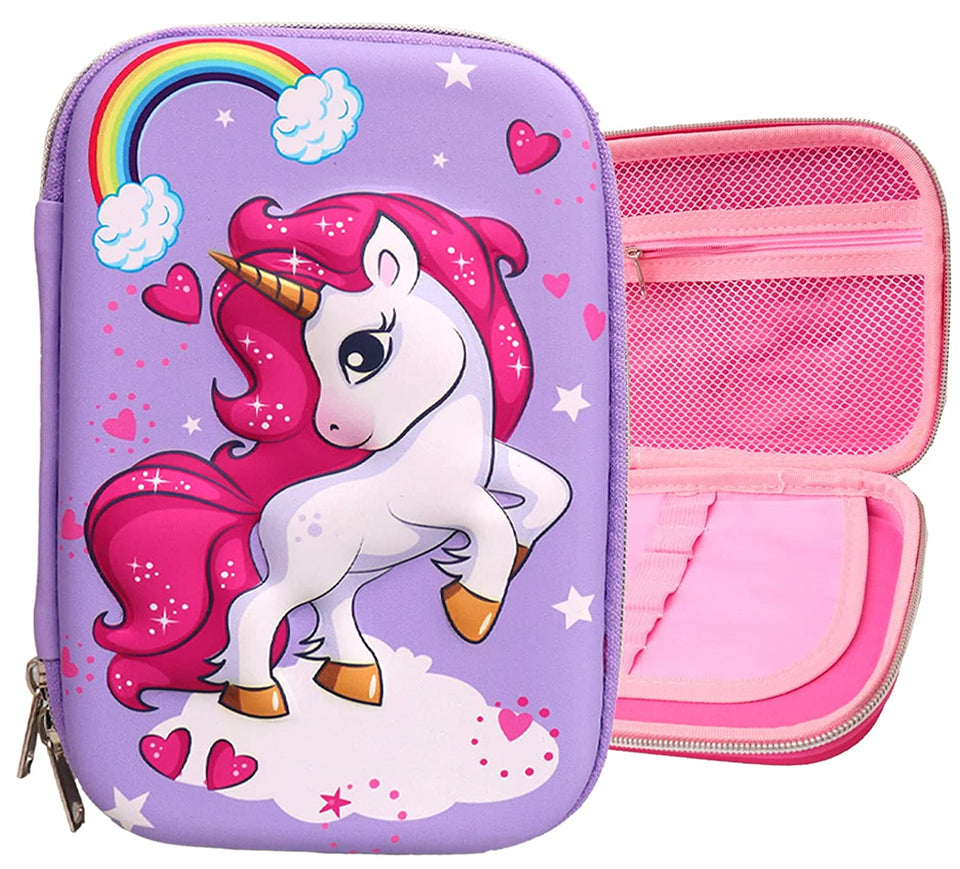 Toyshine Candy Unicorn Hardtop Pencil Case with Compartments - Kids Large Capacity School Supply Organizer Students Stationery Box - Girls Boys Pen Pouch - Purple