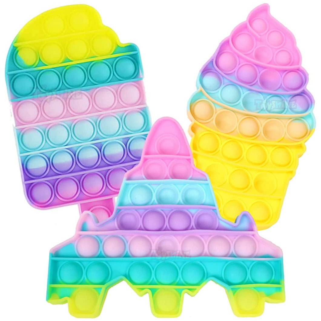 Toyshine Pack of 3 - ICE Cream, Rocket, Softy- Fidget Popping Sounds Toy, BPA Free Silicone, Push Bubbles Toy for Autism Stress Reliever, Sensory Toy Pop It Toy- Pastel