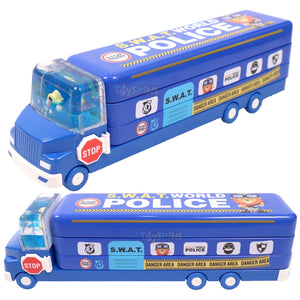Toyshine Aqua-Splash Police Car Matal Pencil Box with Moving Tyres and Sharpner for Kids - Blue