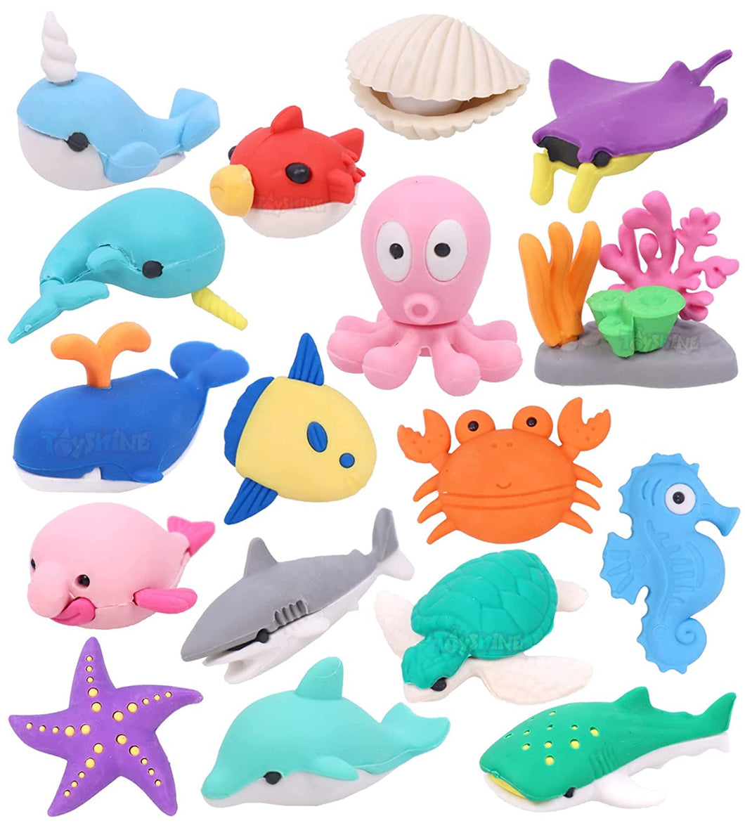 Toyshine Pack of 17 Ocean Theme Colorful Erasers for Children Party Favors, School Supplies