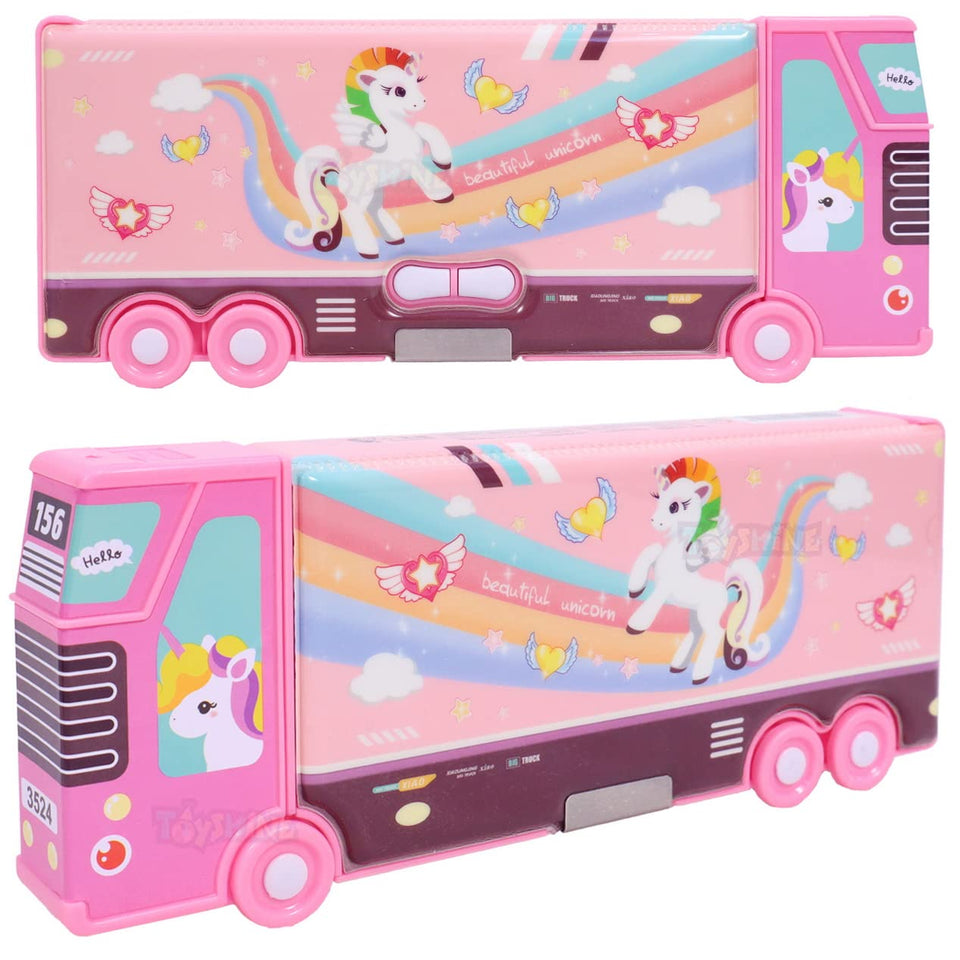 Toyshine Double Compartment Bus Pencil Box With Moving Tyres, Button Enabled Storages and Sharpner For Kids - Pink