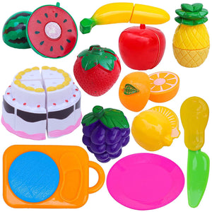 Toyshine 12 Pcs Realistic Sliceable Fruits Cake Toy Set with Knife, Cutting Plat , Cake , Fruits (D-Lite)