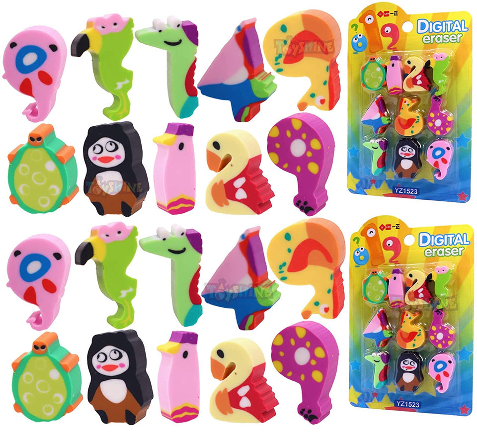 Toyshine Pack of 30 (3 Pack) Numbers and Animals Theme Colorful Erasers for Children Party Favors, School Supplies, Birthday Return Gift for Boys Girls 3 4 5 6 Year Old