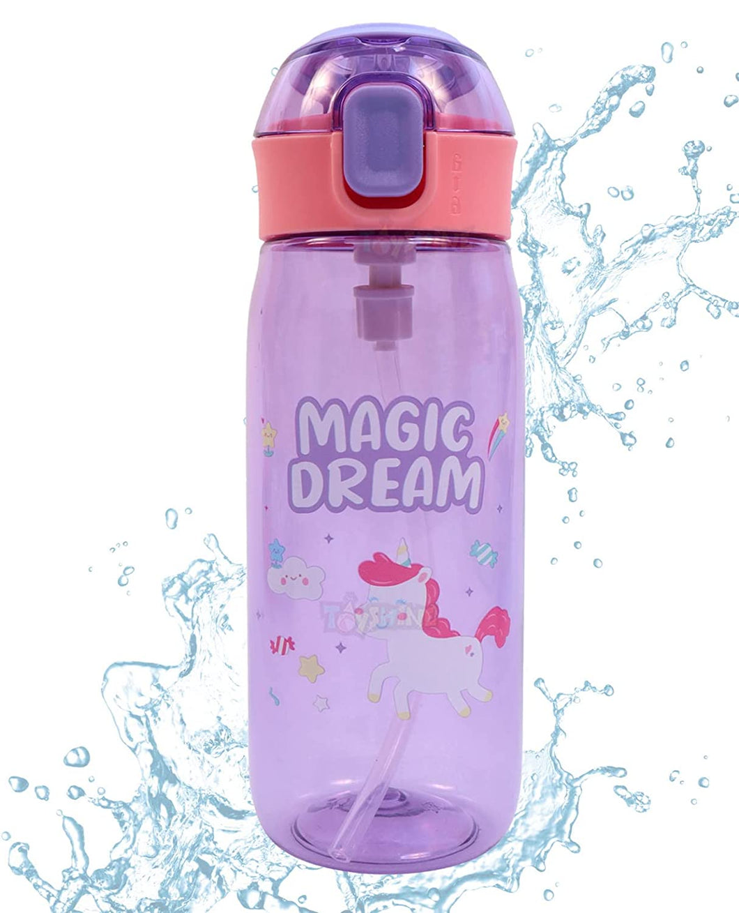 Toyshine Space Skater Kids Water Bottle With Straw Spill Proof, Pop Button, BPA Free for Kids School - Featuring Soft Silicone Handle Grip - Children's Drinkware - 630 ML - Purple