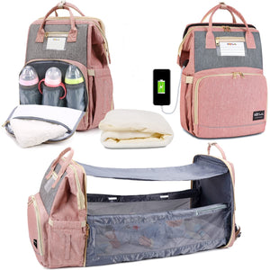 Toyshine Diaper Bag with Changing Station, Large Travel Diaper Bag Backpack with Sunshade Bassinet and USB Charging Port for Moms Dads, Waterproof Unisex Baby Diaper Bags for Boys Girls- Pink Grey