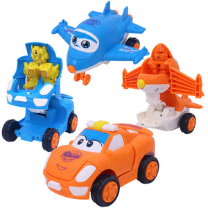 Toyshine Pack of 4 Toy Transforming Robot Cars and Plane (2 Cars, 2 Planes) Push and Go Play Set Friction Powered Vehicles for Babies Toddlers Kids Boys Girls Age 3+ Years Old Multi-Color