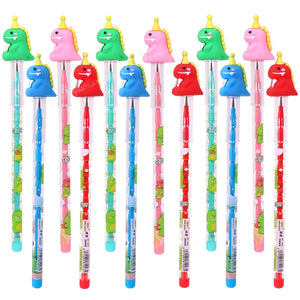 Toyshine Pack of 12 Dinosaur Colorful Pencils for Girls with Rubber Unicorn Tops, Multi-color, Party Favor, Bitthday Return Gifts- M2