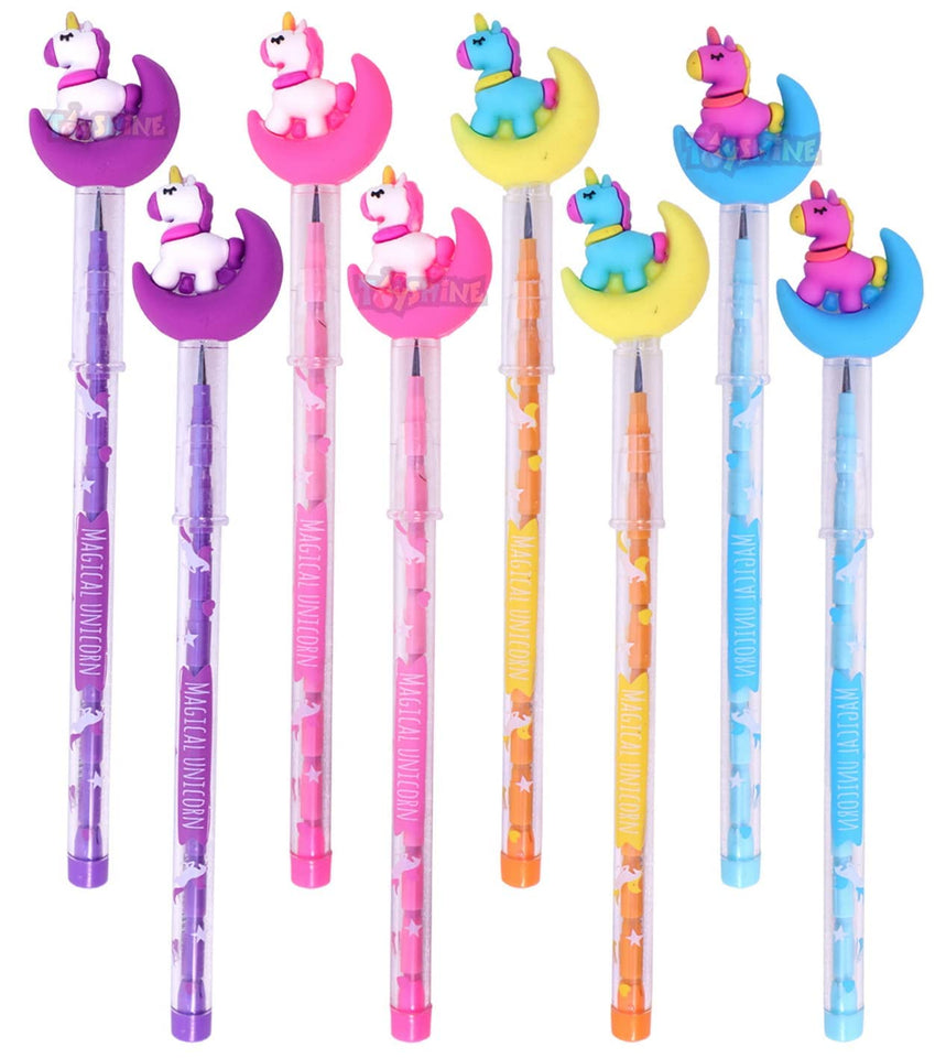 Toyshine Pack of 12 Moon Star Unicorn Colorful Pencils for Girls with Rubber Unicorn Tops, Multi-color, Party Favor, Bitthday Return Gifts
