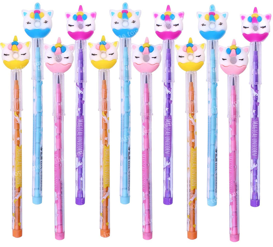 Toyshine Pack of 12 Unicorn Donuts Colorful Pencils for Girls with Rubber Unicorn Tops, Multi-color, Party Favor, Bitthday Return Gifts