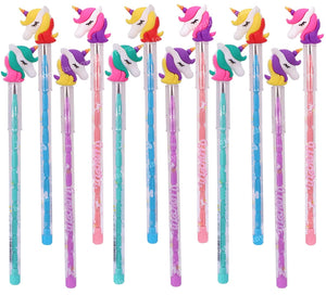 Toyshine Pack of 12 Unicorn Fairy Colorful Pencils for Girls with Rubber Unicorn Tops, Multi-color, Party Favor, Bitthday Return Gifts