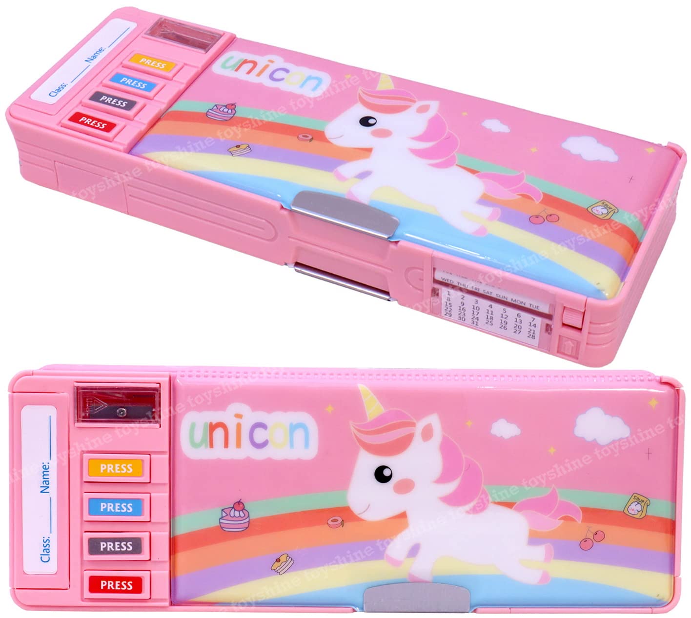 Toyshine Multi Compartment Button Operated Unicorn Pencil Box, with Pen Stand in-Built Push Button Enabled Storages and Sharpener for Kids Pink
