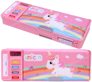 Toyshine Multi Compartment Button Operated Unicorn Pencil Box, with Pen Stand in-Built | Push Button Enabled Storages and Sharpener for Kids - Pink
