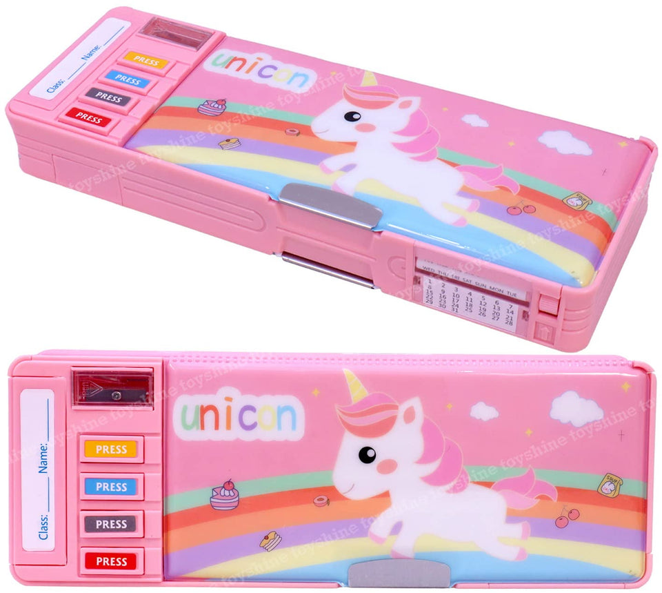 Toyshine Multi Compartment Button Operated Unicorn Pencil Box, with Pe