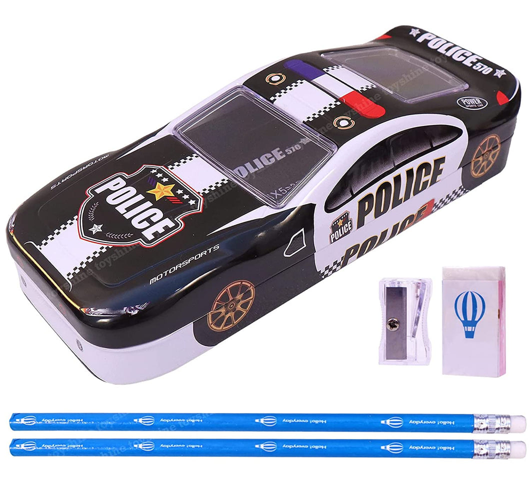 Toyshine Police Metal Pencil Box, Detailed Exterior, Double Comparment for Kids - Black