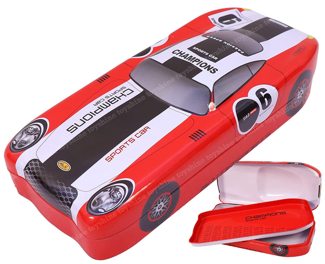 Toyshine Vintage Car Metal Pencil Box Detailed Exterior, Double Comparment for Kids - Red