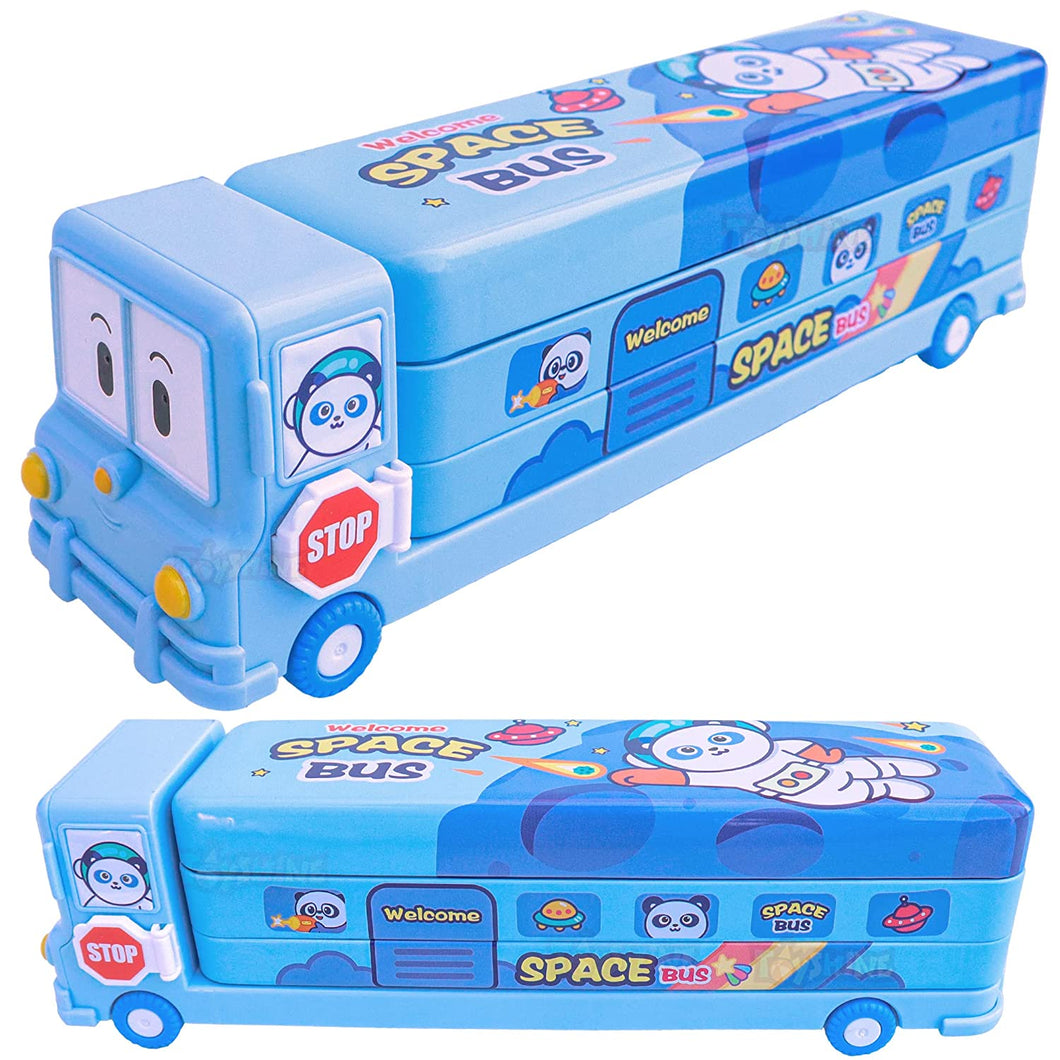 Toyshine Space Printed School Bus Matal Pencil Box with Moving Tyres and Sharpner for Kids - Blue (TS-2022)