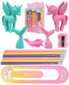 Toyshine Pack of 13 Unicorn Mermaid Erasers, Pencils and Sharper Set | Included 6 Pencils, 4 Erasers, 1 Scale, 1 Sharper, 1 Pencil Top