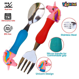 Toyshine Unicorn Theme Stainless Steel Baby Feeding Spoon and Fork Set for Kids