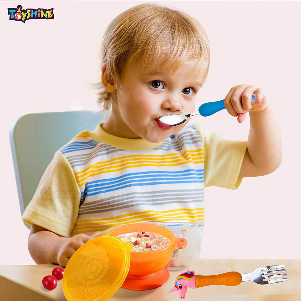 Toyshine Unicorn Theme Stainless Steel Baby Feeding Spoon and Fork Set for Kids