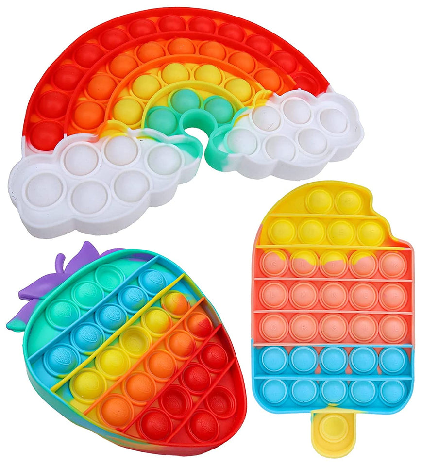 Toyshine Pack of 3 - Rainbow Stawberry and Ice Cream Fidget Popping Sounds Toy, BPA Free Silicone, Push Bubbles Toy for Autism Stress Reliever, Sensory Toy Pop It Toy (TS-2022)