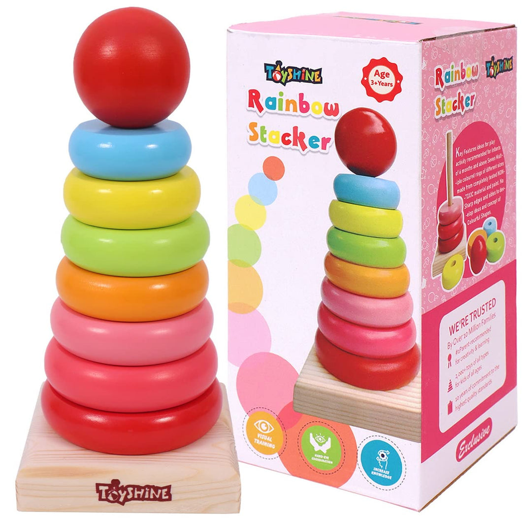 Toyshine Wooden Rainbow Tower Stacking Ring Blocks Educational Stacker Toys for Baby Kids Toddlers - Multi Colour