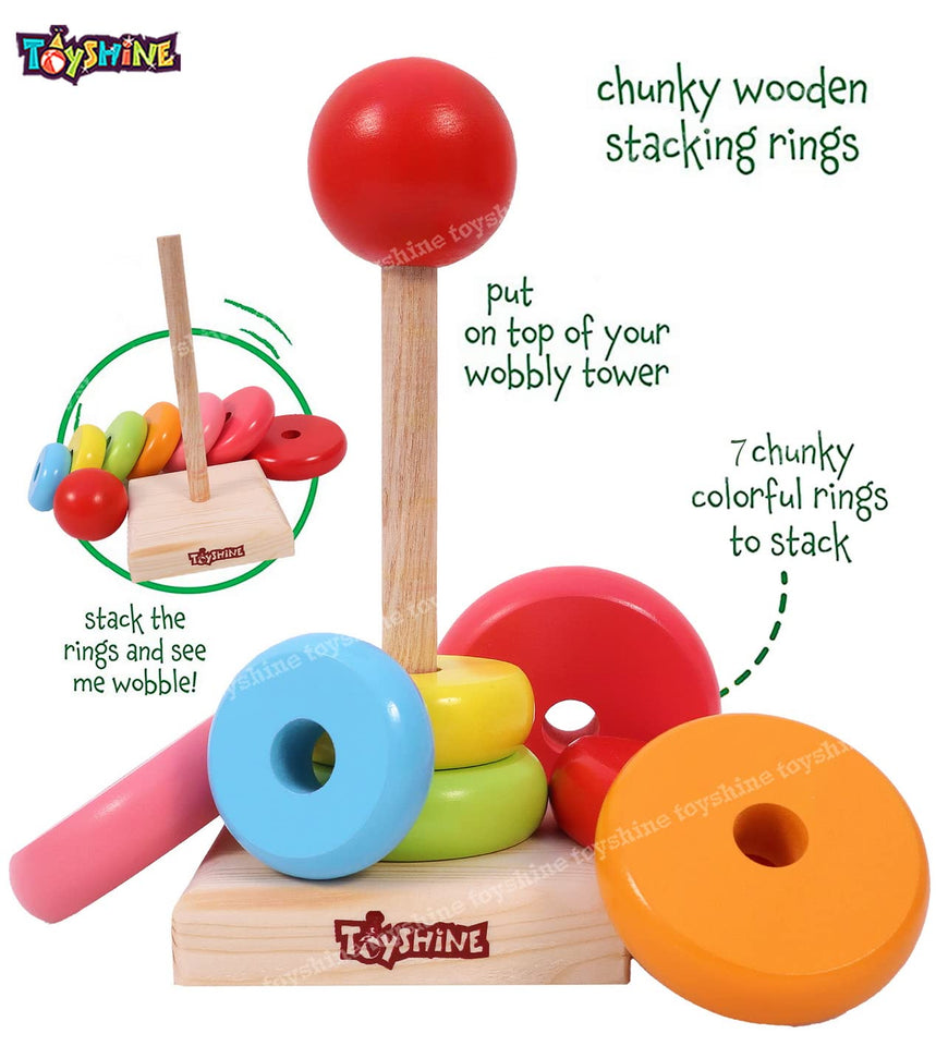 Toyshine Wooden Rainbow Tower Stacking Ring Blocks Educational Stacker Toys for Baby Kids Toddlers - Multi Colour