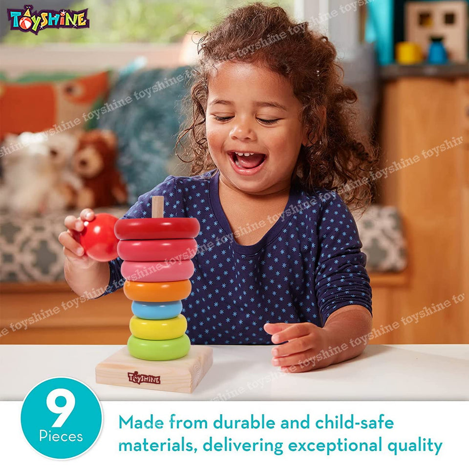Toyshine Wooden Rainbow Tower Stacking Ring Blocks Educational Stacker Toys for Baby Kids Toddlers - Multi Colour