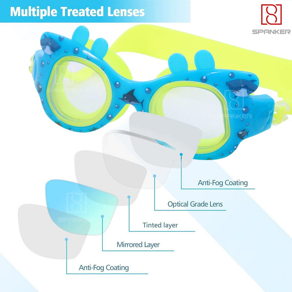 Spanker Aquatic Theme Swimming Goggles for Kids Boys Age 6-14 Years Old, Anti-fog 100% UV Protection ,Pack of 2 Color May Vary SSTP
