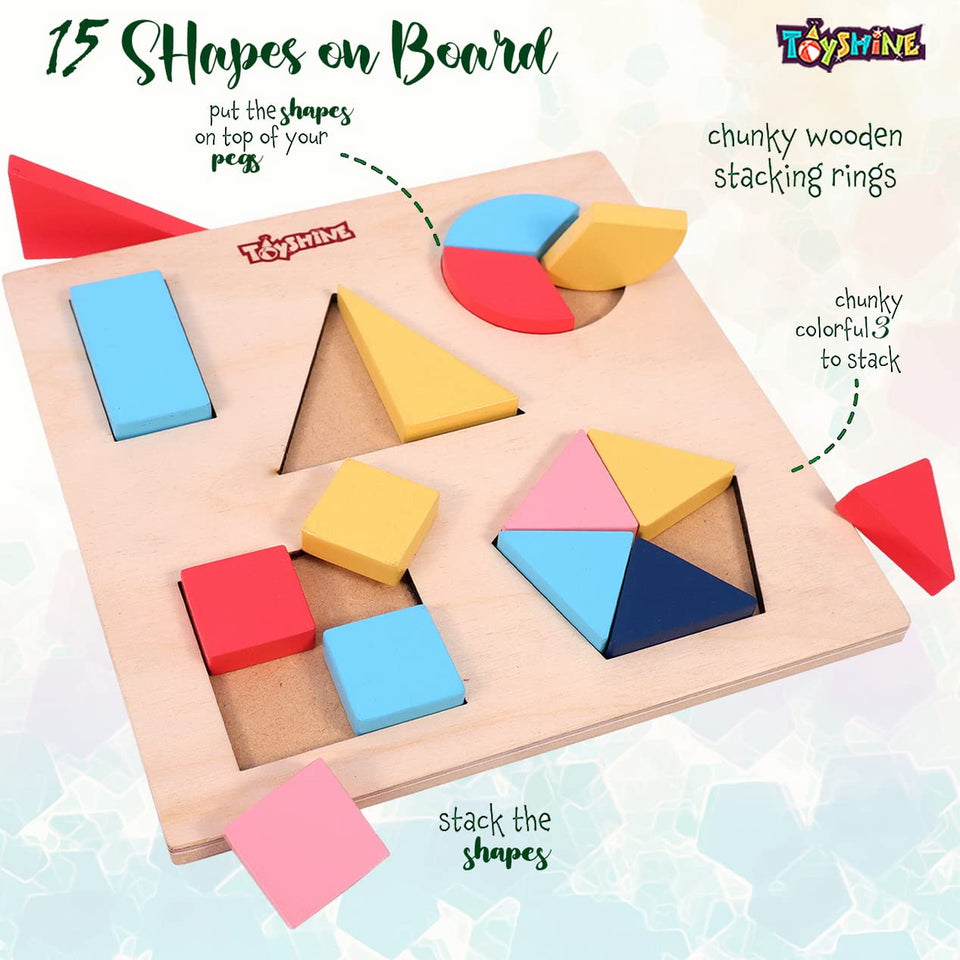 Toyshine 15 Pcs Wooden Educational Shape Color Puzzle Geometric Recognition Board Toys for 2 3 4 5 6 Year Old Boys Girls
