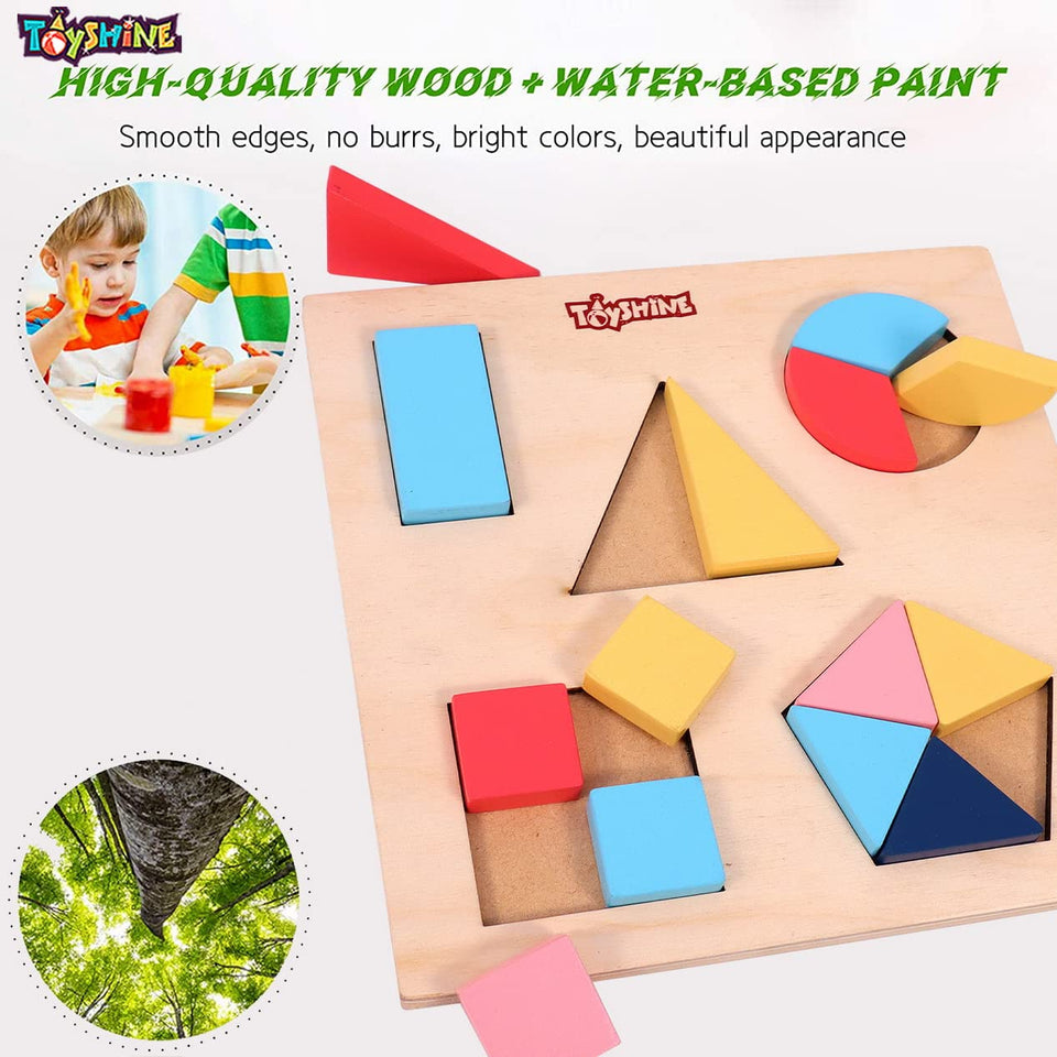 Toyshine 15 Pcs Wooden Educational Shape Color Puzzle Geometric Recognition Board Toys for 2 3 4 5 6 Year Old Boys Girls