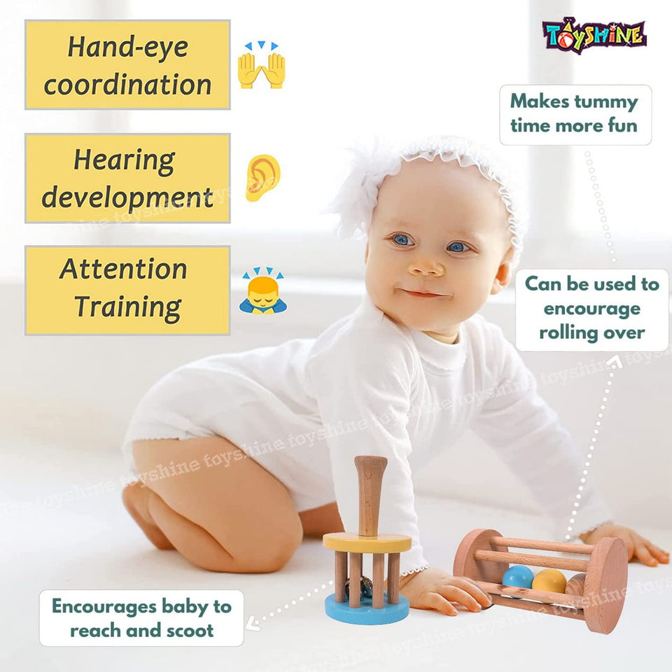 Toyshine 2pc Set Wooden Baby Toy Wooden Rattles Teether Toys Wood Ring Montessori Toys