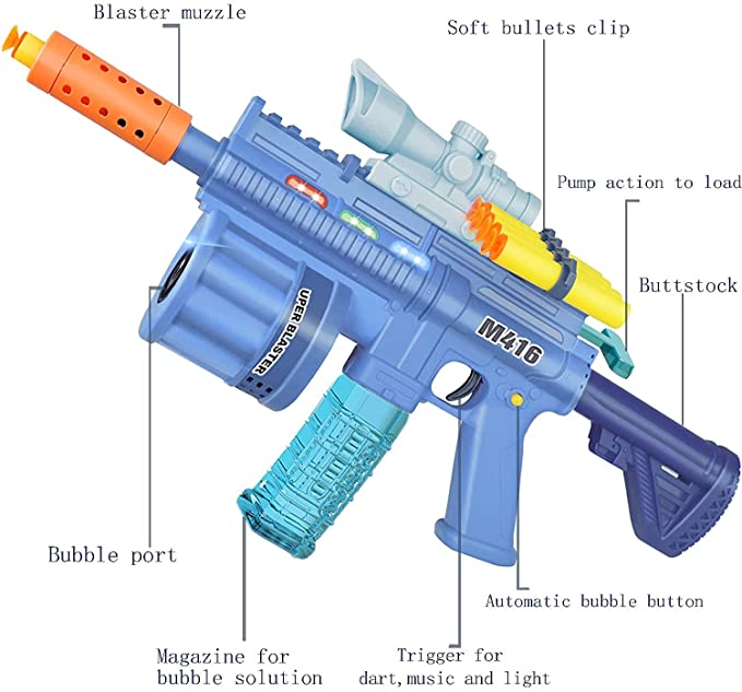 Toyshine 3 in 1 Soft Bullet Blaster Toy Gun with Bubble Maker Gun Toy & Light Music Blaster Gun Toy - 20 Foam Darts M416 Bubble Machine Gun Toy with 2 Bottle Solutions