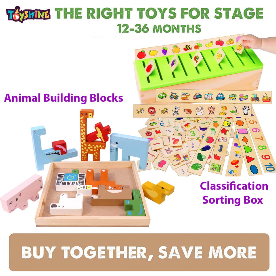 Toyshine Pack of 2 Wooden Monstessori Box | Wooden Animal Building Blocks and Classification Box | Gift Present for 2-5 Years Boy Girl Toddler Toy