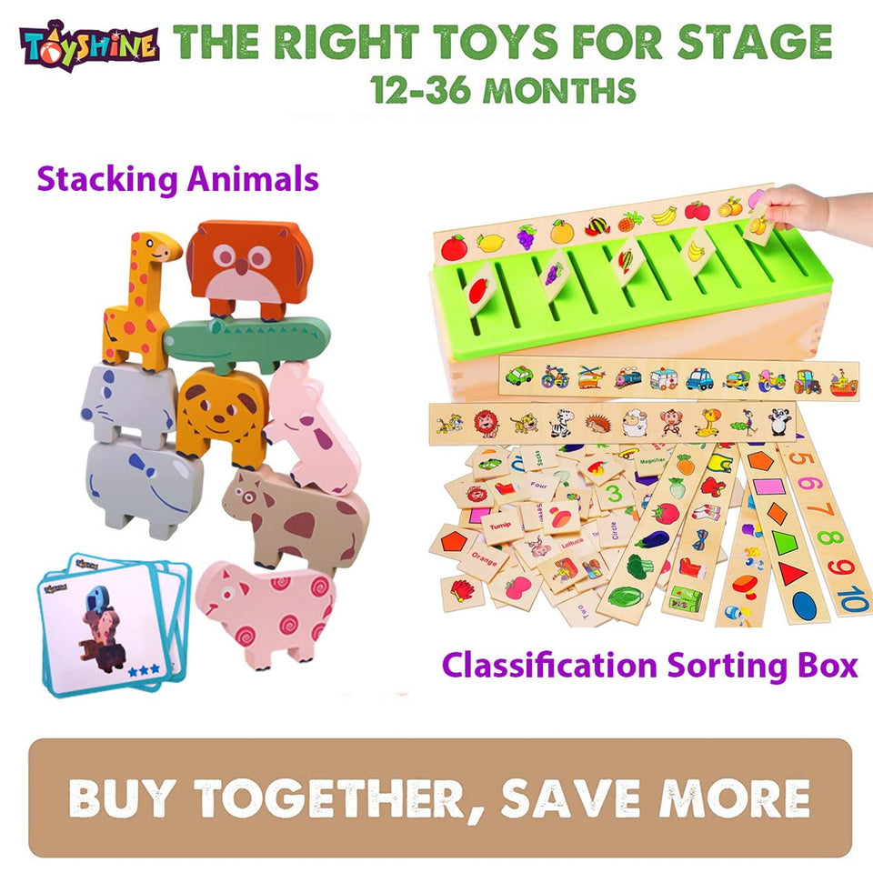 Toyshine Pack of 2 Wooden Monstessori Box | Classification Box and Animal Stacking | Gift Present for 2-5 Years Boy Girl Toddler Toy