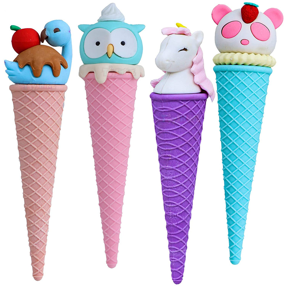 Toyshine Colorful Mini Ice Cream Cone Pop Frozen Treat Erasers for Children Party Favors, School Supplies, Toys (4 Pcs) (TS-2022)