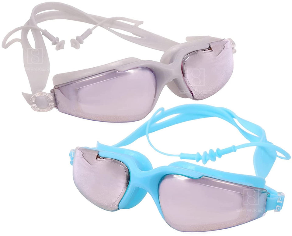 Spanker Swimming Goggles 3D Look Anti-Fog Anti-UV Youth Swim Glasses Leak Proof, Pack of 2 (Grey -Sky Blue) SSTP