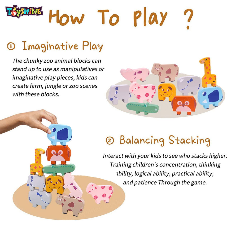 Toyshine Wooden Zoo Animal Blocks Stacking and Balancing Toy, Toddler Wood Animal Figures Blocks Imaginative Play, Preschool Educational Toys and Stack Balance Games for Kids