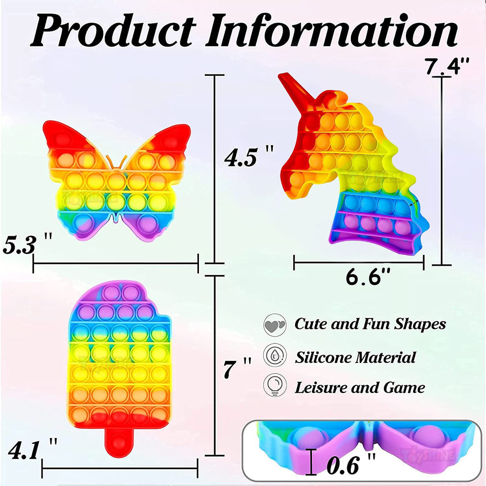 Toyshine Pack of 3- Butterfly, Unicorn, ICE Cream- Fidget Popping Sounds Toy, BPA Free Silicone, Push Bubbles Toy for Autism Stress Reliever, Sensory Toy- Dark Color