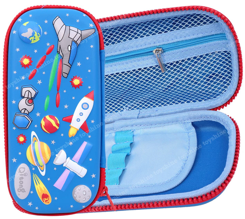 Toyshine Space Rocket Hardtop Pencil Case with Compartments - Kids Large Capacity School Supply Organizer Students Stationery Box - Girls Boys Pen Pouch-Blue