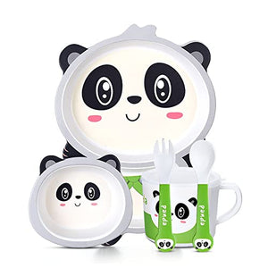Toyshine 5 Piece Mealtime Bamboo Dinnerware for Kids, Toddler, Plate and Bowl Set, Eco Friendly and Dishwasher Safe, Great Gift for Birthday - Panda Model