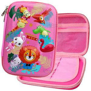 Toyshine Animal Kingdom Hardtop Pencil Case with Compartments - Kids Large Capacity School Supply Organizer Students Stationery Box - Girls Boys Pen Pouch- Pink