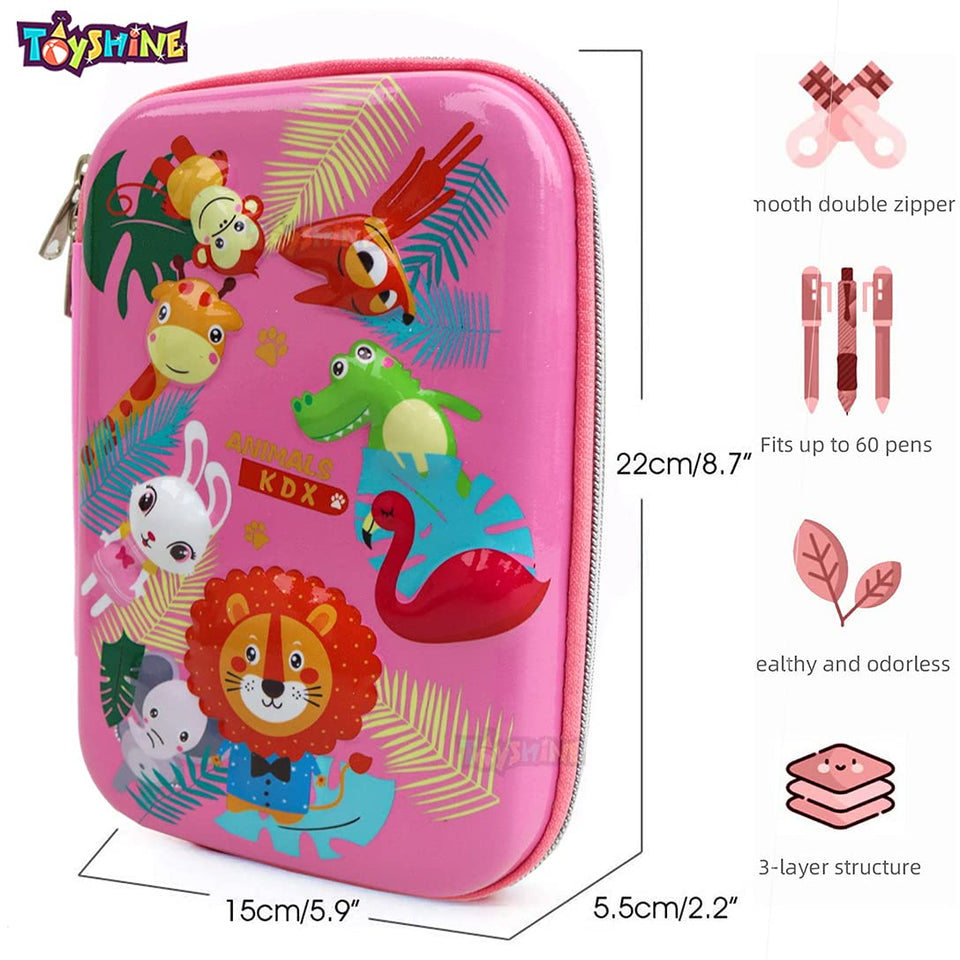 Toyshine Animal Kingdom Hardtop Pencil Case with Compartments - Kids Large Capacity School Supply Organizer Students Stationery Box - Girls Boys Pen Pouch- Pink