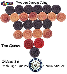 Toyshine Carrom Playing Coins and Powder | 20 Wooden Coins | 1 Striker | 1 Urea Powder SSTP, Multicolor