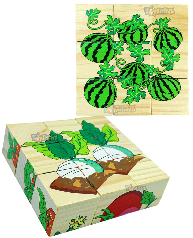Toyshine 6 in 1 Wooden Block Puzzle Vegtable and Fruits for 2 3 4+ Years Boy Girl Educational Montessori Toys Jigsaw Puzzle (Pack of 2) - Model 3 (TS-2022)
