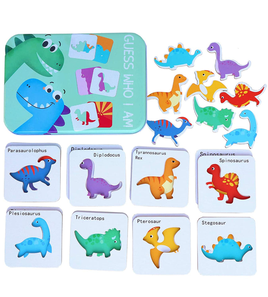 Toyshine 24 Pcs Wooden Dinosaur Puzzles with Shape Cards, Jigsaw Puzzles, Sorting and Stacking Games Montessori Educational Toys for Toddlers Kids Boys Girls Age 3+ Years Old Toy