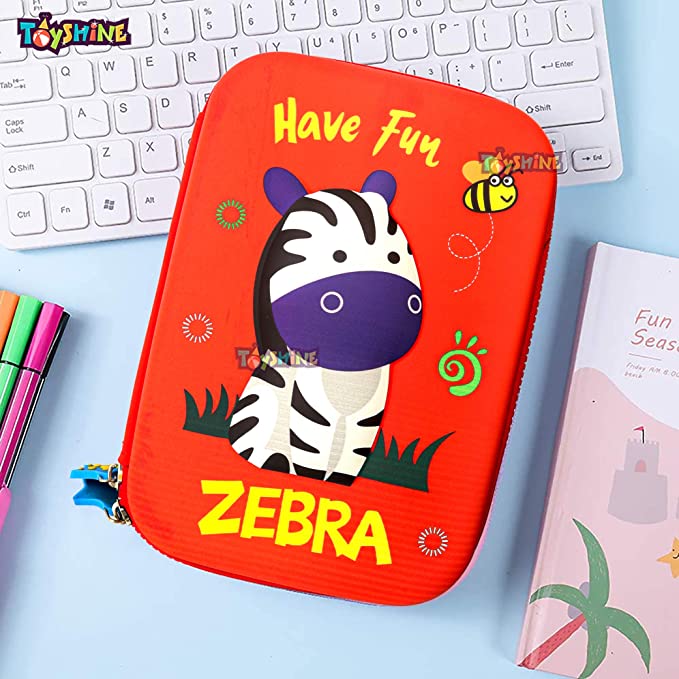 Toyshine Red Zebra Hardtop Pencil Case with Compartments - Kids Large Capacity School Supply Organizer Students Stationery Box - Girls Boys Pen Pouch
