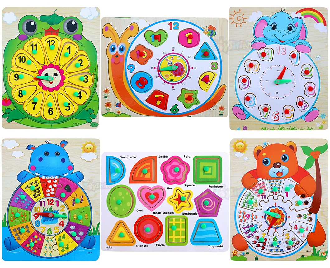 Toyshine Pack of 6 Wooden Toddler Puzzles Bundle Kids Educational Preschool Peg Puzzles for Children Babies Boys Girls, Learn TIme, Color, Shapes, Numbers, Etc (TS-2022)